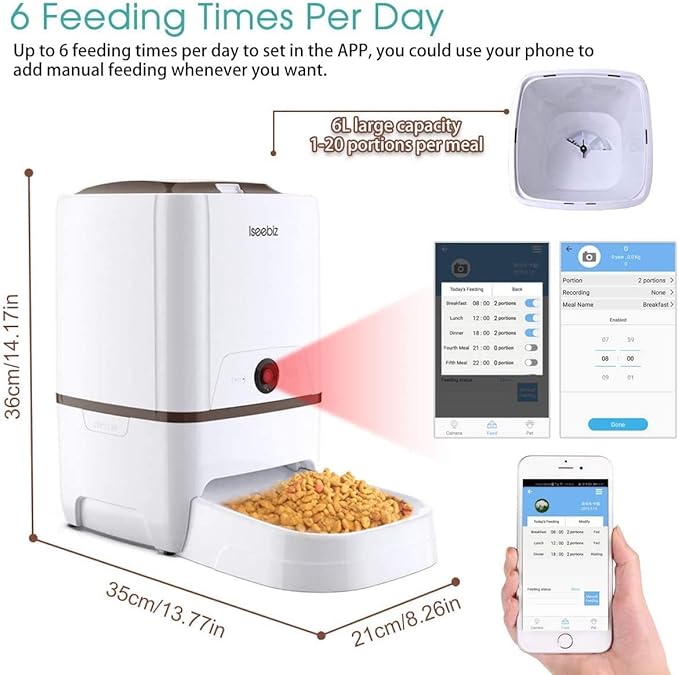 Iseebiz Automatic Pet Feeder with Camera, 6L App Control Smart Feeder Cat Dog Food Dispenser, 2-Way Audio, Voice Remind, Video Record, 6 Meals a Day for Medium Large Cats Dogs, Compatible with Alexa