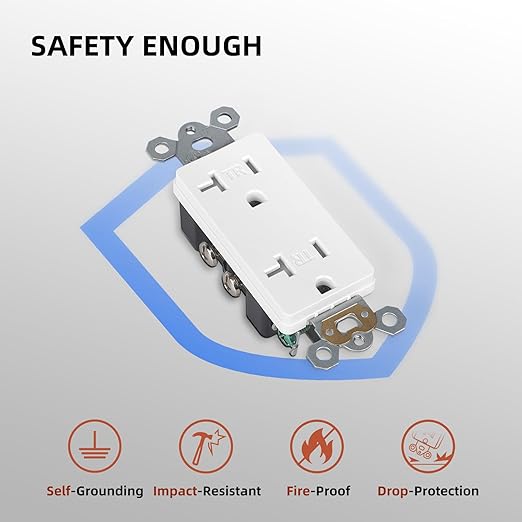Decorator Wall Recetpacle Outlet, 10 Pack Tamper Resistant 20 Amp Standard Electrical Outlets, Self-Grounding, 2-Pole 3-Wire, UL Listed, White