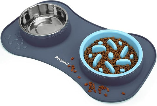 Slow Feeder Dog Bowls 3 in 1 Stainless Steel Dog Food and Water Bowls with Non-Spill and Non-Skid Silicone Mat to Slow Down Eating for Large Medium Small Breed Size Dogs and Cats (Light Grey)