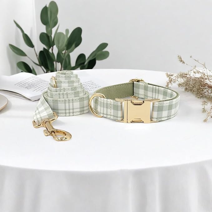 PETDURO Personalized Dog Collar Olive Green Plaid for Large Medium Dogs | Engraved Name and Phone Number on Gold Metal Buckle for Boys & Girls | Add Leash & Bow Tie via Customize Now