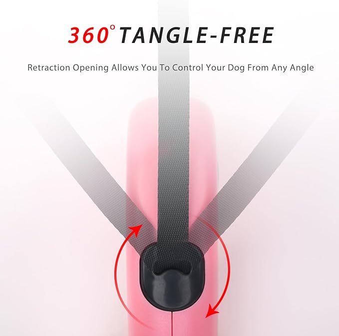 16Ft Retractable Dog Leash,Light Weight Leash for Small to Medium Dogs/Cats Up to 50lbs,Stainless Steel Spring Strong Nylon Tape, Tangle Free, One-Handed Brake.(Pink)