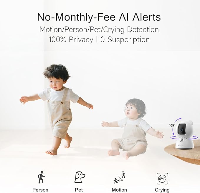 Security Camera Indoor, 2.5K Pet/Dog Camera with Speaker/Phone App, PTZ WiFi Baby Monitor Cameras for Home Security, 0-Glow Night Vision 2-Way Talk, AI Tracking Facial Recognition Time Lapse