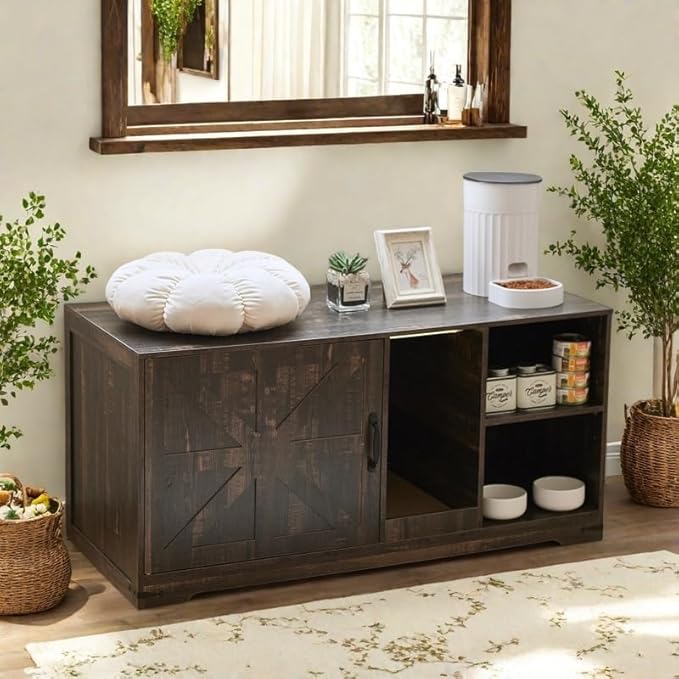 Litter Box Enclosure, Hidden Litter Box Furniture Cabinet with Storage, Cardboard and Sensor Light, Wood Indoor Cat House Washroom, Farmhouse Style, Rustic Brown