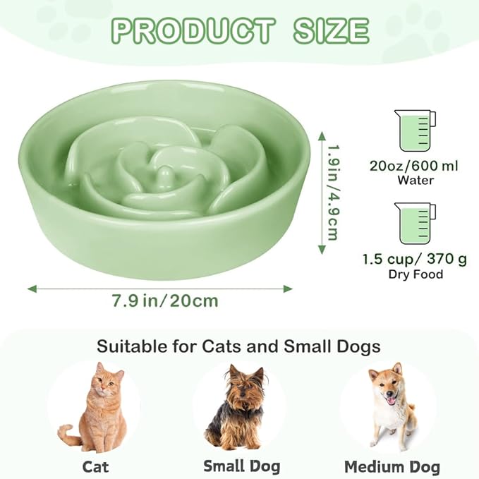 TRUVIC Ceramic Slow Feeder Dog Bowls, 1.5 Cup Puzzle Slow Feeder Bowls for Fast Eaters, Ceramic Dog Food Dish no Black Chin, Puzzle Bowl for Medium Dogs, Green