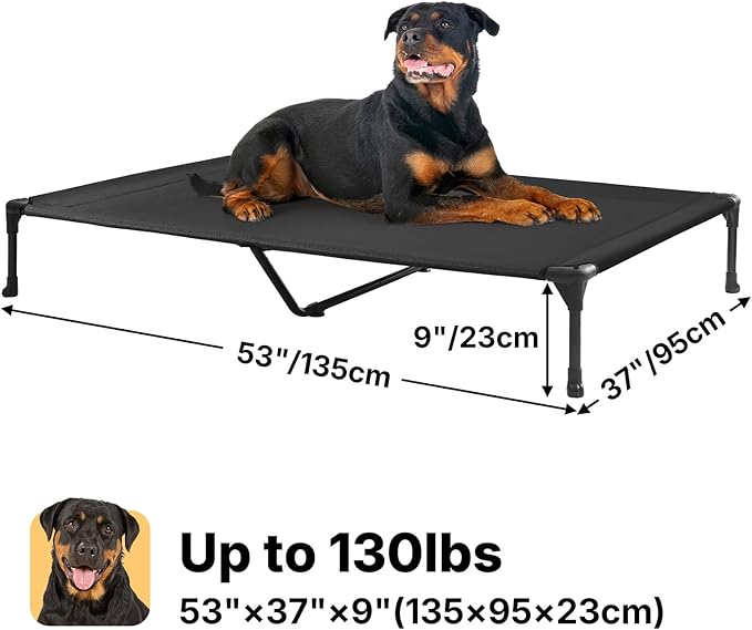 Veehoo Outdoor Elevated Dog Bed Large Sized Dogs, Extra Large Cooling Raised Dog Cots Beds Training Platform Off Ground Hammock with Breathable Mesh, No-Slip Feet, 53"x37", Black