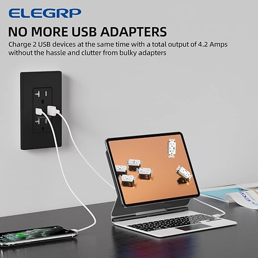 ELEGRP USB Charger Wall Outlet, USB Receptacle with Type A & Type C USB Ports, 20 Amp Duplex Tamper Resistant Receptacle Plug, Wall Plate Included, UL Listed (1 Pack, Matte Black)