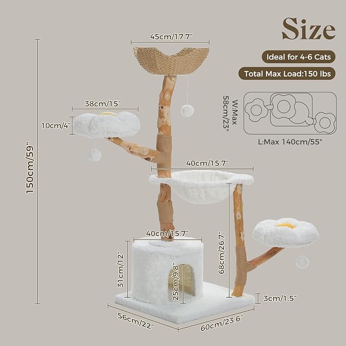 PAWZ Road Cat Tree for Indoor Cats Large Adults, 59 Inches Modern Cat Tower with Large Basket and Hammock, Natural Solid Wood, Luxury Condo & Dual Perches, Modern Cat Furniture for Big Cats, White