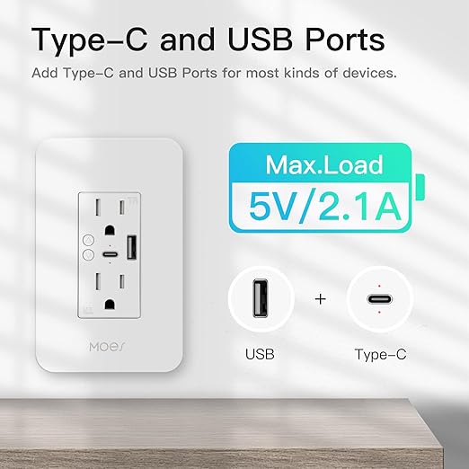 MOES Smart USB Wall Outlet Receptacle with Type-C & Type-A Charger, 2.4GHz Wi-Fi in-Wall Plug Socket 4 Pack, Remote Individual Control On/Off 15Amp, NO Hub Required