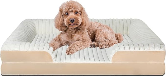 Orthopedic Dog Bed for Large Medium Sized, Washable Memory Foam Large Dog Bed Premium Soft Corduroy Fleece, Durable Medium Pet Sofa with Removable Cover, Washable Waterproof Pet Couch Beds(White, L)
