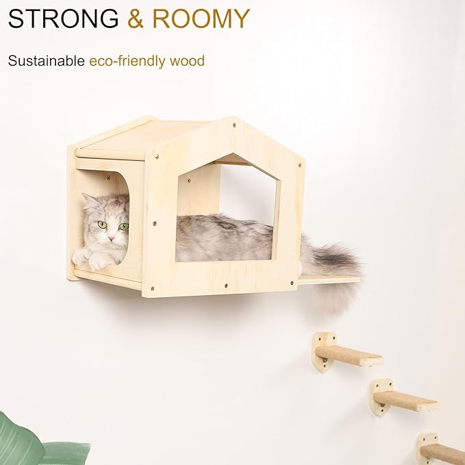 Cat Shelves with 3 Steps Scratching Post and Hammock Bed - Wall Mounted Climbing Condo for Indoor Cats (Wood)