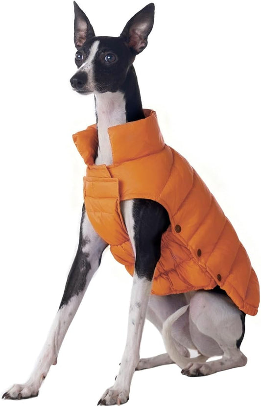 SPACE LION Dog Puffer Jacket, Down Winter Coat, Durable Outdoor Coat for Cold and Windy Conditions, Lightweight & Adjustable Fit Coats for Medium & Large Dogs, (Orange, Size 16 Gift Box)