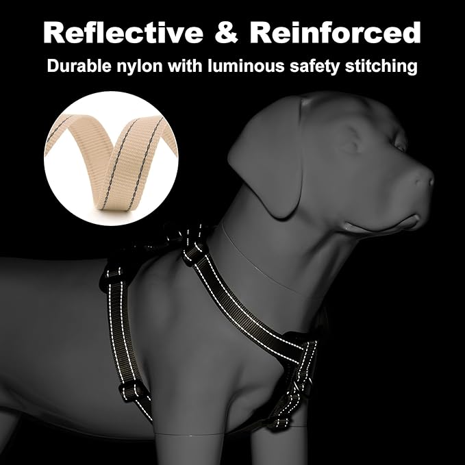 Plutus Pet Adjustable No Pull Dog Harness with Leather Accents, Heavy Duty Reflective Nylon Vest for Training, Hiking, Easy Walk Harness for Small, Medium, Large Dogs (Beige, M)