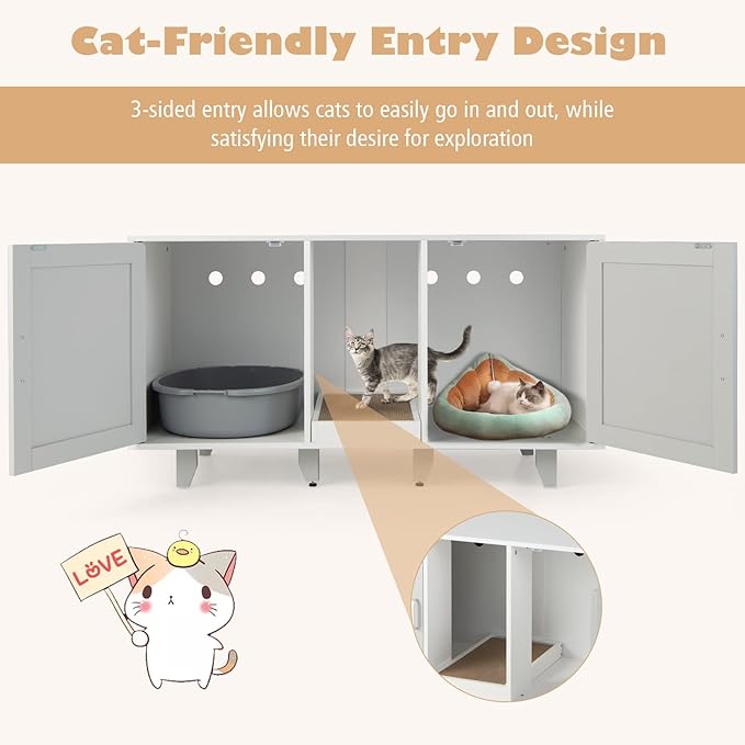 Tangkula Double Cat Litter Box Enclosure for 2 Cats, Large Stackable Hidden Privacy Cat Washroom Cabinet with Scratching Board, Indoor Cat House TV Stand Side Table, Litter Box Furniture (Grey)
