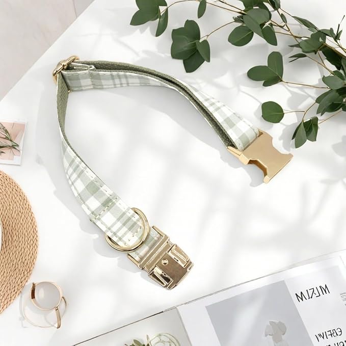 PETDURO Personalized Dog Collar Olive Green Plaid for Large Medium Dogs | Engraved Name and Phone Number on Gold Metal Buckle for Boys & Girls | Add Leash & Bow Tie via Customize Now