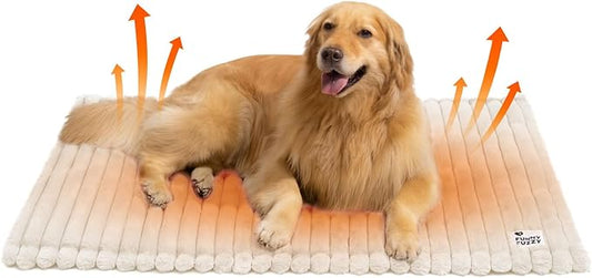 FUNNY FUZZY Self Warming Dog Bed, Waterproof Corduroy Fleece Warm Self Heating Pad for Cat & Dogs, Non-Skid Thermal Pet Mat Indoor with Removable Washable Cover - ThermoPad, 39.4"×29.5", Cream White