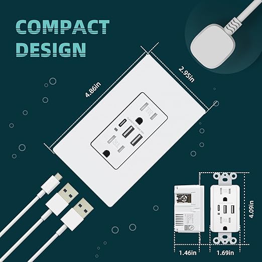 TOPELER USB Charger Wall Outlet, 6.0A USB Receptacle with Type A & Type C Ports, 15 Amp Duplex Tamper Resistant Receptacle Plug, Wall Plate Included, UL&FCC Listed, 10 Pack