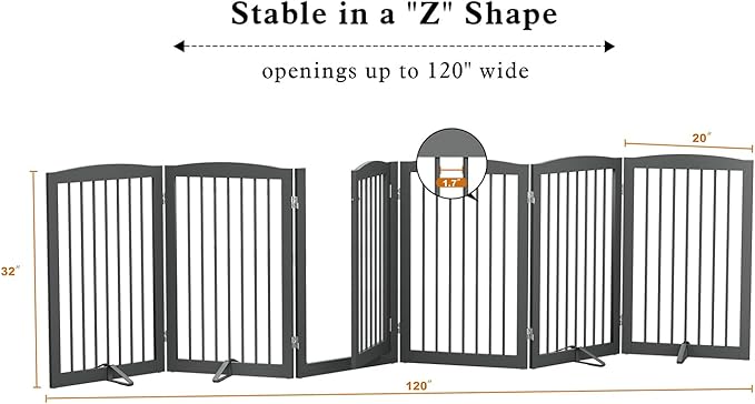 Freestanding Pet Gate with Door, Tall Dog Gate for House, Extra Wide, Pet Puppy Safety Fence, Support Feet Included, 120 Inch Wide, 6 Panels 32" Tall, Gray