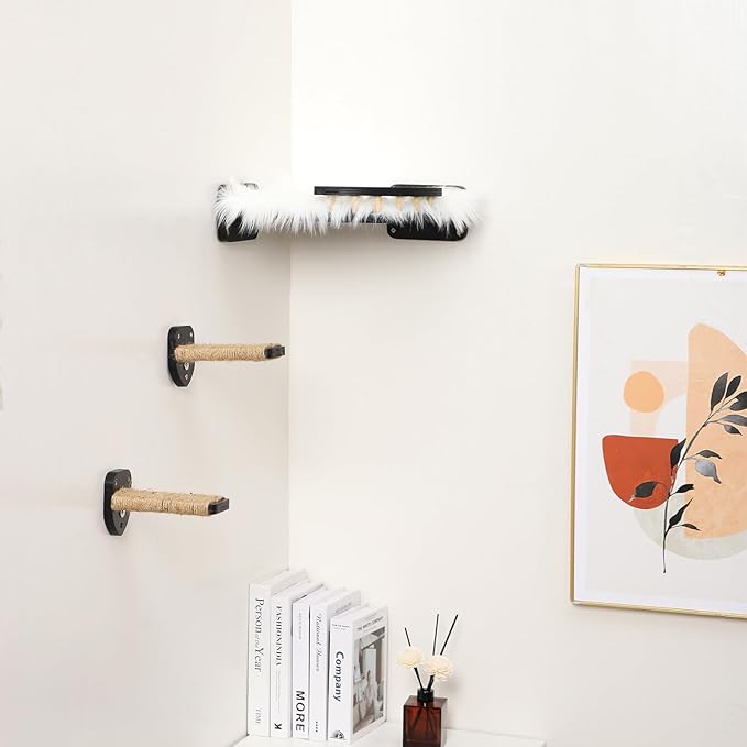 Cat Wall Shelves - 3 Steps Scratch Post & Hammock Bed with Plush Cover, Climbing Shelf for Indoor Cats (Black)