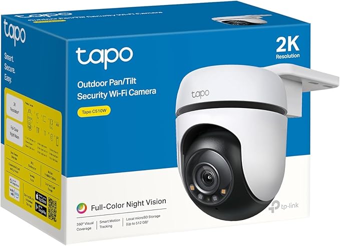 Tapo 2K Outdoor Wired Pan/Tilt Security Wi-Fi Camera, 360° View, Motion Tracking, Works w/Alexa & Google Home, Color Night Vision, Free AI Detection, Cloud & SD Card Storage(up to 512GB), Tapo C510W