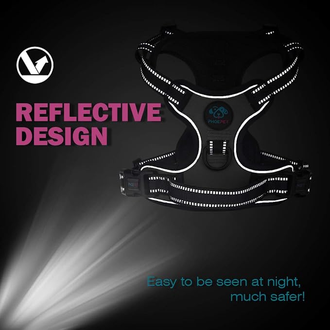 PHOEPET Reflective Dog Harness No Pull Large Breed Vest with 2 Metal Leash Attachment Hooks(L, Black)