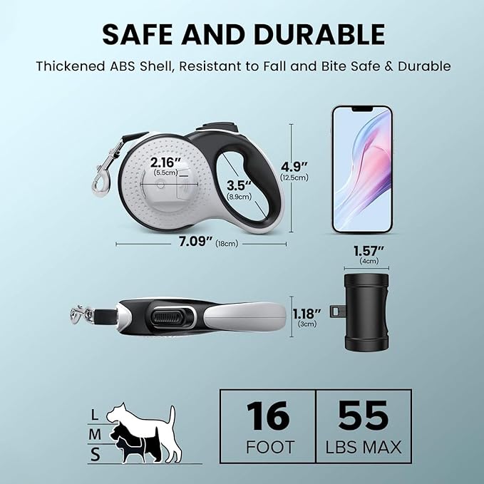 Best Dog Supplies 4-in-1 Anti Pull Retractable Dog Leash 26ft/8Meter Long with Flashlight and Poop Bag Dispenser for Medium Large Dogs - White