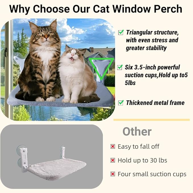 Cat Window Perch Hammock, 6 Suction Cups, 55 Lbs for Large Cats/Multiple Cats, Seat Bed, Indoor Foldable Design with Thickened Metal Frame. Dual-Sided Washable Mat