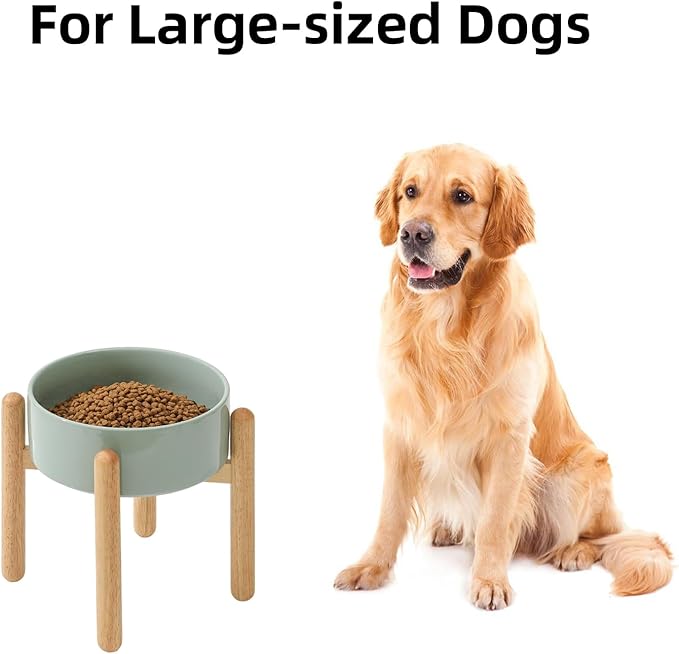 Ceramic 8.2inch Raised Dog Bowl with Stand for Large - Breed Dogs, Pet Food and Water Feeder(Single Bowl with Stand - Light Green)