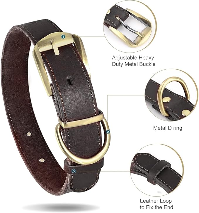 Didog Genuine Leather Dog Collars with Engraved Nameplate, Personalized Soft Leather Dog Collar with Custom ID Tag, Brown/Green/Red for Small Dogs (S,Brown)