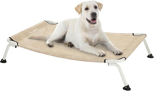 Veehoo Elevated Dog Bed for Outdoor, Cooling Waterproof Raised Dog Cots Beds for Large Dogs, Curved Off Ground Pet Hammock Cot Lifted for Outside, up to 85lbs, White Legs, Beige 42"