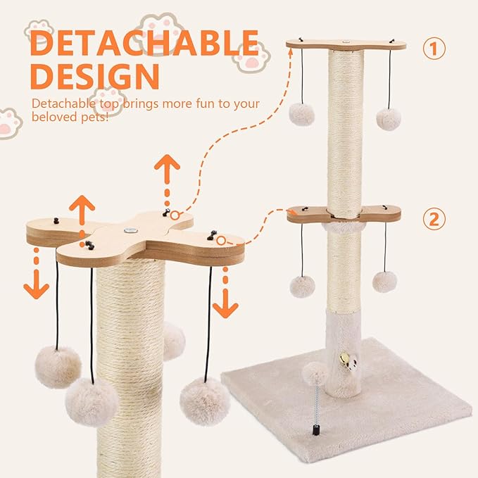PAWSFANS Cat Scratching Post for Indoor Cats and Kittens,30inches Tall Sisal Scratch Posts with Four Hanging Ball Toys and Reinforce The Stable Base Beige