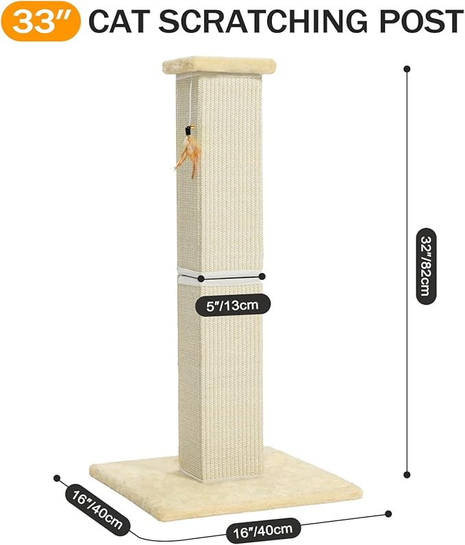 Made4Pets Cat Scratching Post, 32 Inch Natural Sisal Cat Scratcher with Kitten Toy, Tall Scratching Post for Indoor Cats Adults and Kittens, Beige