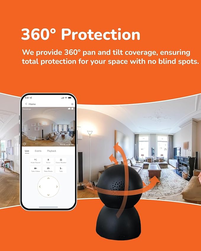 Sensforge 2.5K Black Indoor Pan-Tilt Dome Security Camera (2-Pack), AI Human & Pet Detection, 360° Coverage, Two-Way Audio, Dual-Band Wi-Fi (2.4G/5G), 64GB SD Card Included, No Monthly Fees