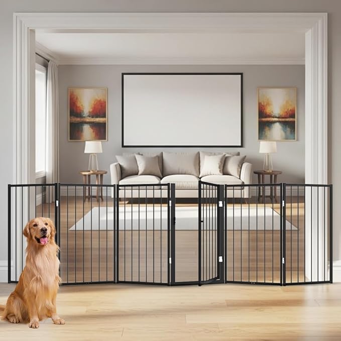 Free Standing Dog Gate with Door,120'' Extra Wide 32'' Tall Metal Dog Gates for Doorways, Foldable Pet Gate Fence Indoor & Outdoor for Stairs,Hallways,Decks,Porch,Yard (6 Panels,Black)