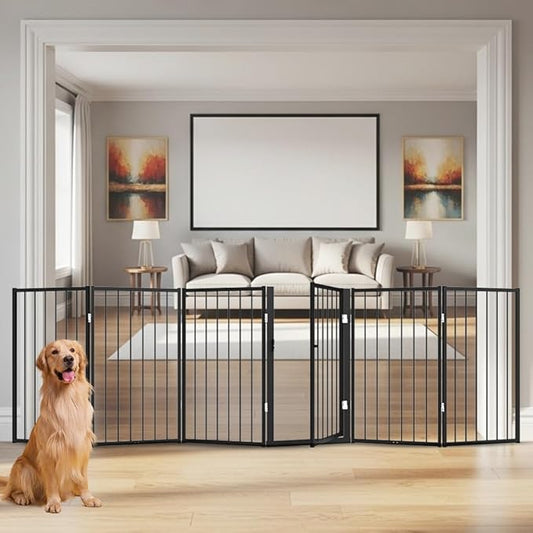 Free Standing Dog Gate with Door,120'' Extra Wide 32'' Tall Metal Dog Gates for Doorways, Foldable Pet Gate Fence Indoor & Outdoor for Stairs,Hallways,Decks,Porch,Yard (6 Panels,Black)