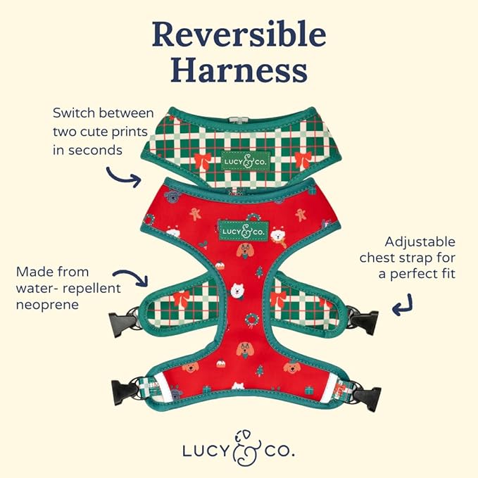 Lucy & Co. Cute Reversible Dog Harness Walking Halter - Best Designer Pet Harnesses for XS - XL Dogs - Padded Adjustable Vest for Easy Walking- Happy Howlidays - Seasonal - Medium