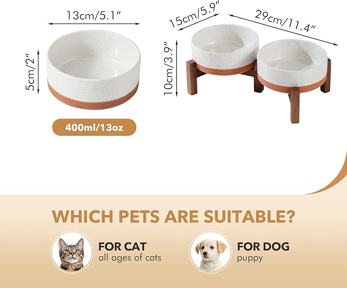 Ceramic 5.1inch Raised Double Bowls Set with Acacia Wood Stand, 2 Heights Elevated, Food & Water Bowls for Puppy, Kitty, Cats(13.5oz, Vanilla White)