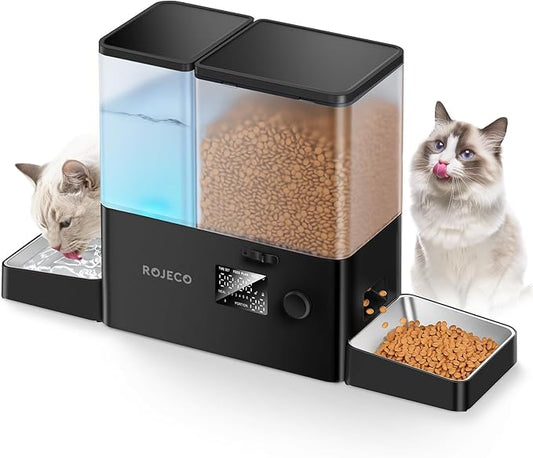 Rojeco 36Cups/8.5L Pet Automatic Cat Feeder and Gravity Water Dispenser,Stainless Steel Bowls 2-in-1 Set Large Capacity 5L Food Feeder and 3.5L Water Fountain for Cats,Pets,Small Dogs,Black
