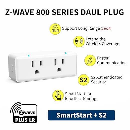 Minoston 800 Series Zwave Dual Outlet Plug, On/Off Z-Wave Repeater Switch with 2 Individual Control Sockets, Hub Required, Z Wave LR Smart Plugs Compatible with SmartThings, Hubitat, Fibaro (MP26Z)