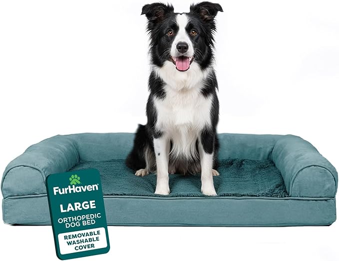 FurHaven Orthopedic Dog Bed for Large Dogs, Sofa Contour Mattress with Egg Crate Orthopedic Memory Foam for Joint Support, Removable Washable Cover, Large, Plush & Suede, Deep Pool