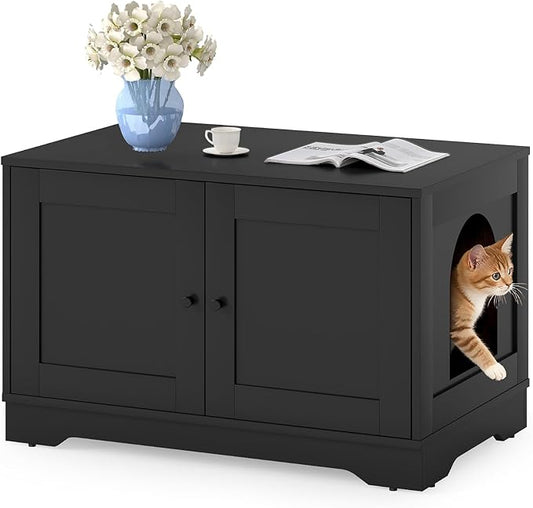 Tangkula Cat Litter Box Enclosure, Wooden Kitty Washroom Cabinet w/Winding Entry & Cat Hole, with Divider, Hidden Double Enclosed Litter Box Furniture for Living Room, Bedroom, Entryway (Black)