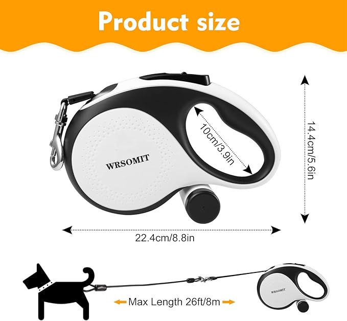Retractable Dog Leash with Chew Proof Cable, 26Ft Heavy Duty Dog Leash for Medium Large Dogs up to 110lbs, 360° No Tangle, One-Handed Brake