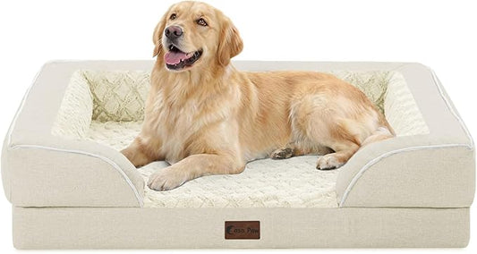 Orthopedic Dog Beds for Large Sized Dogs, Waterproof Memory Foam Large Pet Bed with Sides 36x27Inch, Non-Slip and Egg-Crate Foam Big Dog Couch Bed with Removable Washable Cover, Beige