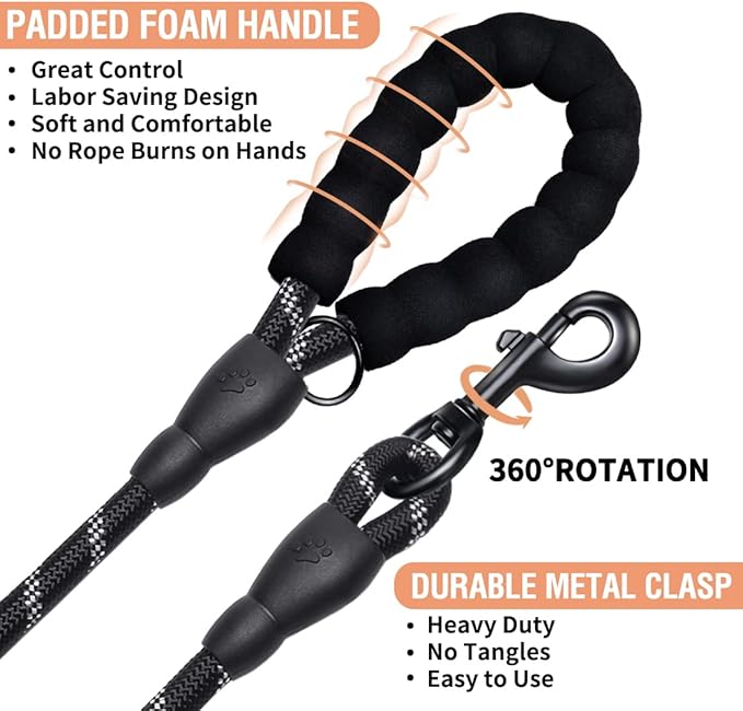 COOYOO 2 Pack Dog Leash 4 FT Heavy Duty - Comfortable Padded Handle - Reflective Dog Leash for Medium Large Dogs with Collapsible Pet Bowl Set 7-Black+Orange