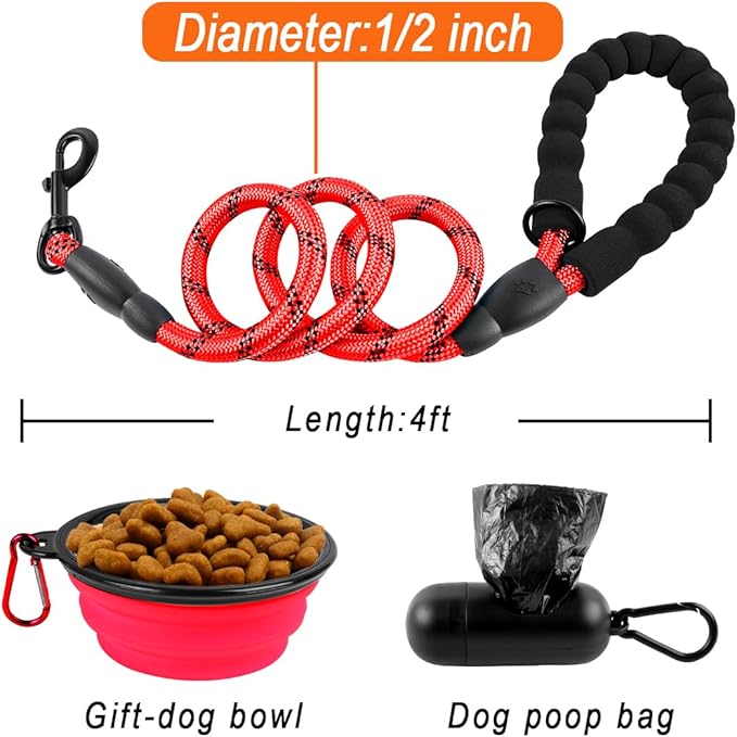 BARKBAY Dog Leashes for Large Dogs Heavy Duty Dog Leash 4/5/6 FT with Comfortable Padded Handle and Highly Reflective Threads for Medium Large Dogs Walking Training Running (4FT-1/2'',Red)