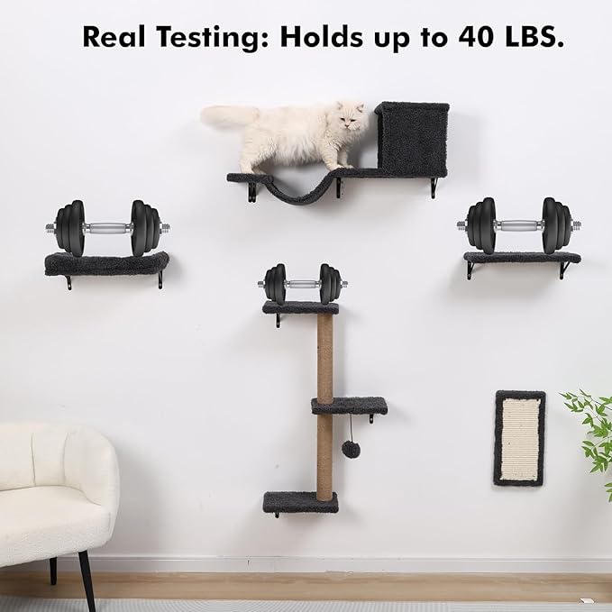 5-in-1 Cat Wall Shelves, Multi-Level Cat Climbing Furniture, Perch & Lounge for Indoor Cats, Space-Saving Wall Mounted Cat Shelves for Play & Rest (Natural Wood) - Gray