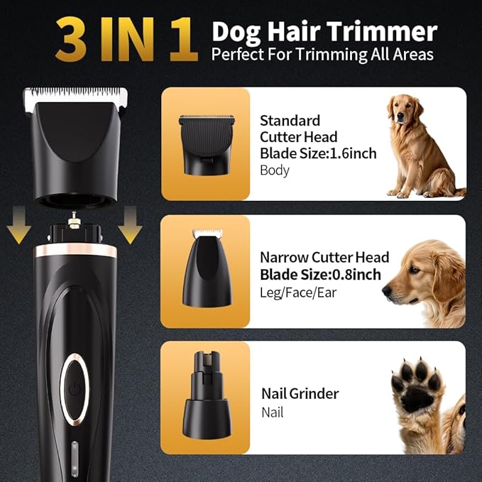 Dog Clippers Grooming Kit with Paw Trimmer, 3 in 1 Low Noise Electric Rechargeable Cordless Pet Shaver with Nail Grinder Dog Hair Trimmer for Dogs Cats and Other Pets