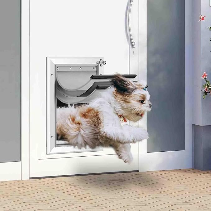 [Petoasis] 3-Flaps Heavy-Duty Dog Door, Rust Proof Aluminum Alloy Frame, Extreme Weather Dog Door Can Block Wind, Snow, and Rainwater Intrusion (Silvery White, Large for Door)