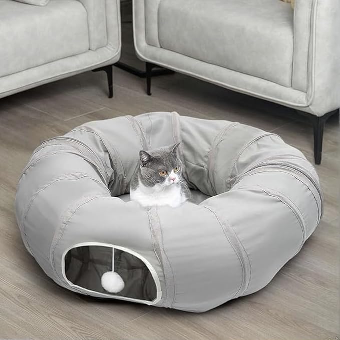 AUOON Cat Play Tunnel - Christmas Tree Cat Tunnel, Round Cat Tunnel with Bed | Interactive Cat Toys for Indoor Cats Kitten Kitty Puppy Rabbit Ferret (Light Grey)
