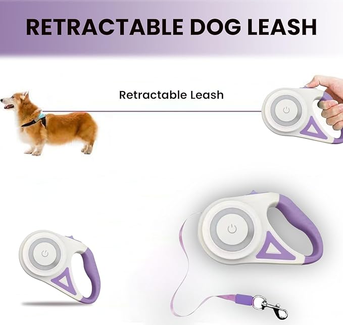Best Dog Supplies | Pink Retractable Dog Leash with Light, Poop Bag Dispenser, Poop Bag Holder, 2 Elastic Ropes | Set of 4 (Purple)