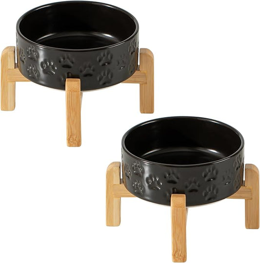Elevated Ceramic Dog Bowls 2 Pack, 5.1" Individual Dog Bowl with 2 Fixed Height Stand, 1.6 Cup Food and Water Bowls for Toy Breed, Small-Breed Puppy (Double Bowls + Double Stands - Black, 5.1 inch)